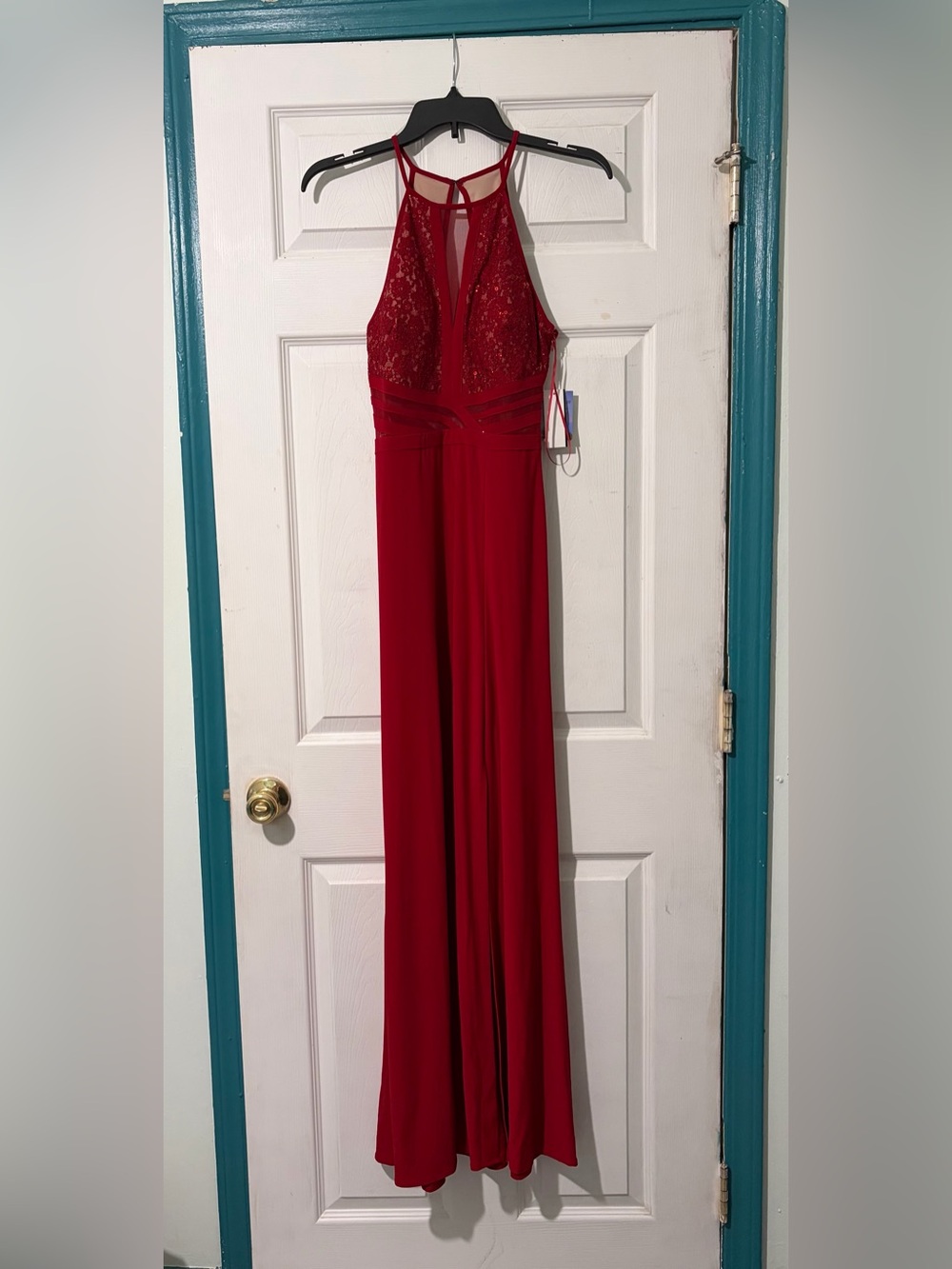 Morgan & Co. Red Lace Halter Maxi Dress